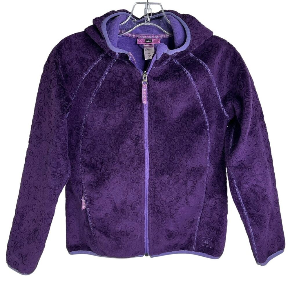 REI Ridge Full-Zip Hoodie Jacket Girl 10-12 Purple Embossed Floral Sherpa Fleece